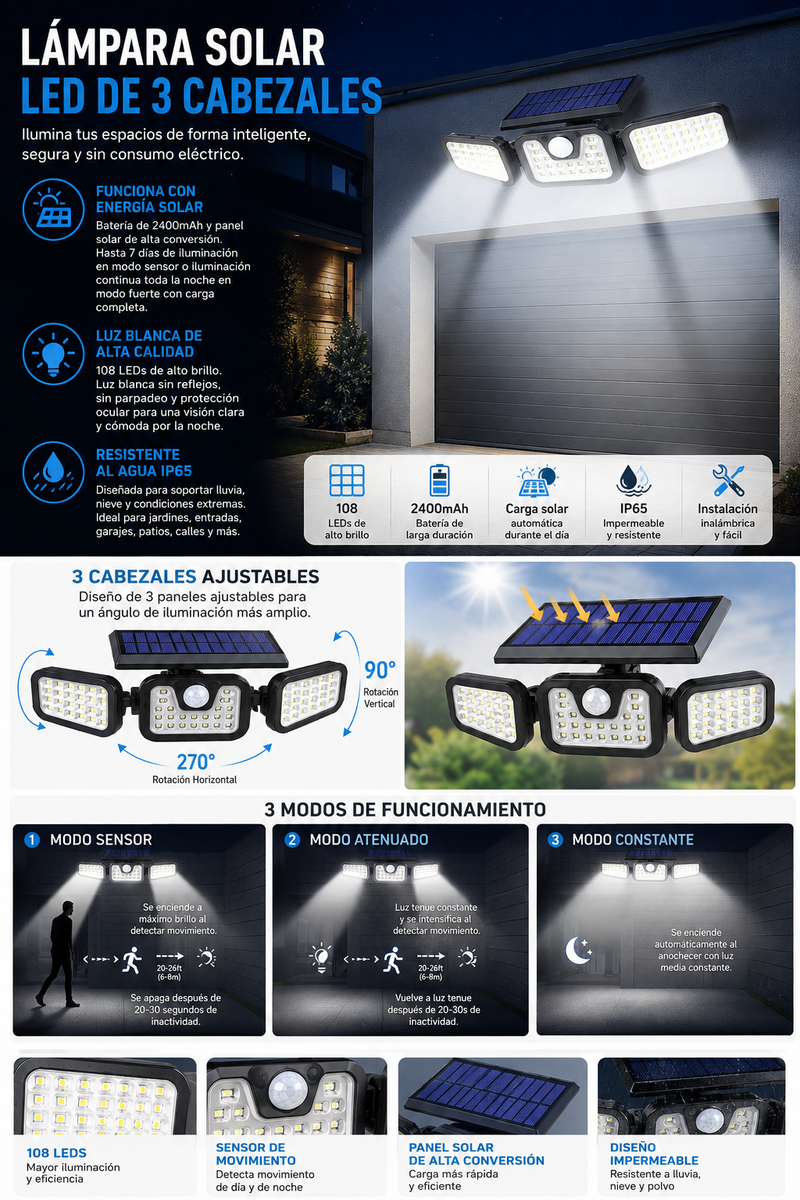 ☀️ Lámpara Solar de Exterior con Sensor de Movimiento – 3 Cabezales Ajustables