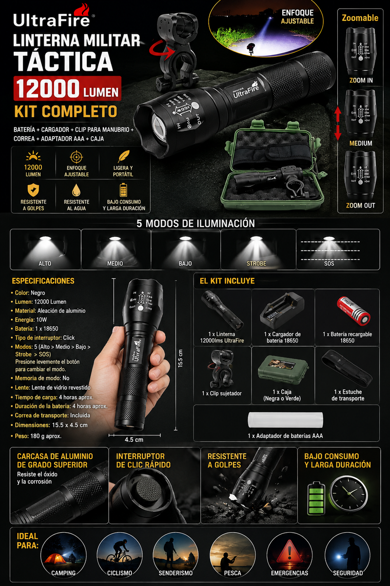 Linterna Militar Ultrafire 12.000 Lumens
